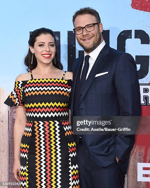 Actor Seth Rogen and Lauren Miller arrive at the premiere of Universal Pictures' 'Neighbors 2: Sorority Rising' on May 16, 2016 in Westwood,...