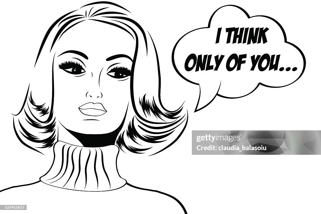 Pop art cute retro woman in comics style with message