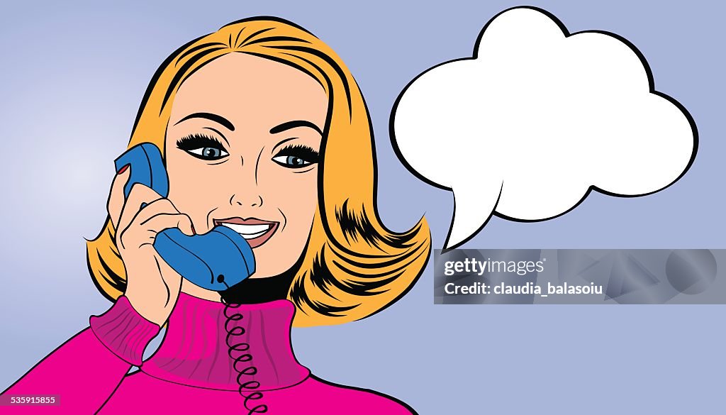 Pop art  woman in comics style talking on the phone