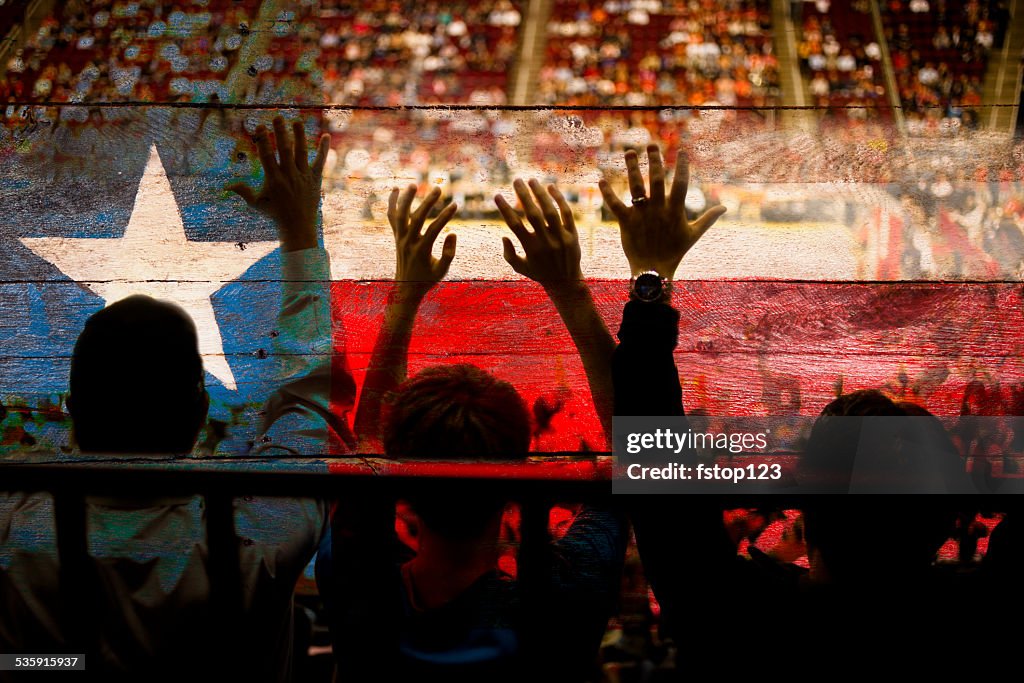 Crowd people at sports stadium. Texas flag. Basketball court. Fans.