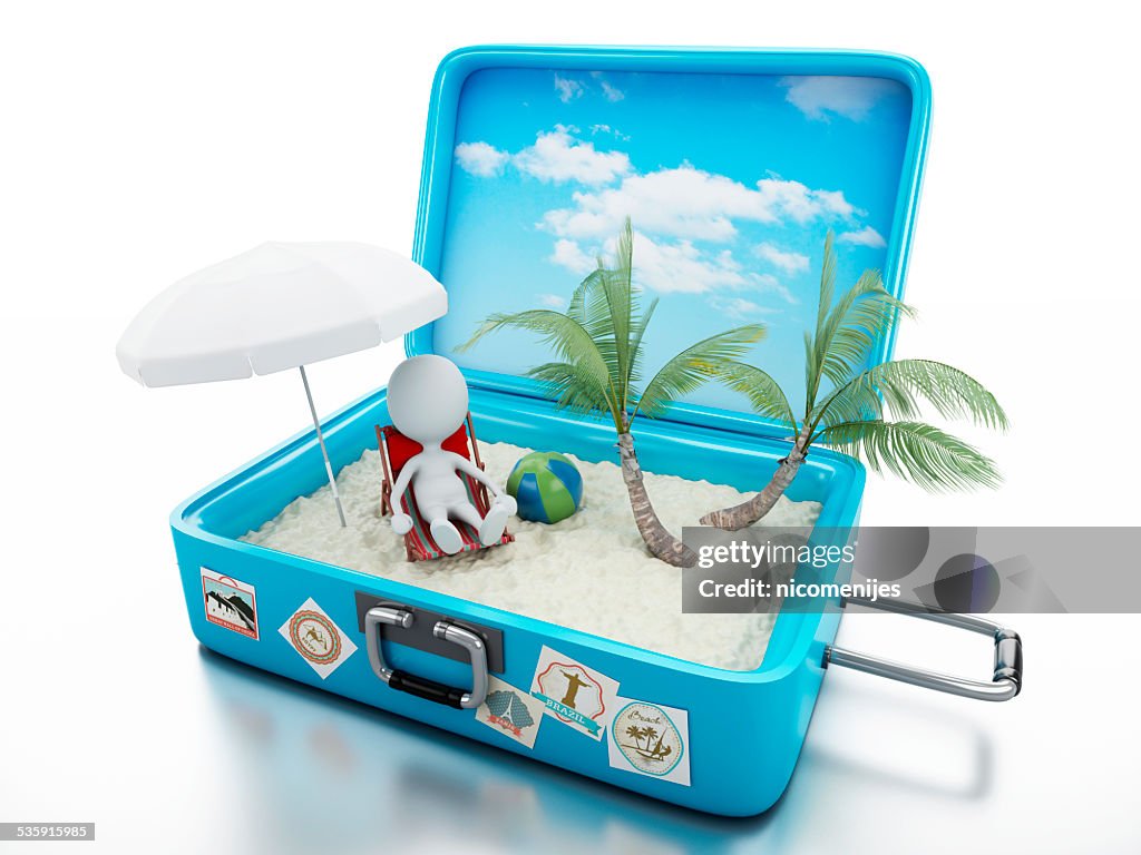 3d white people in a travel suitcase. beach vacation