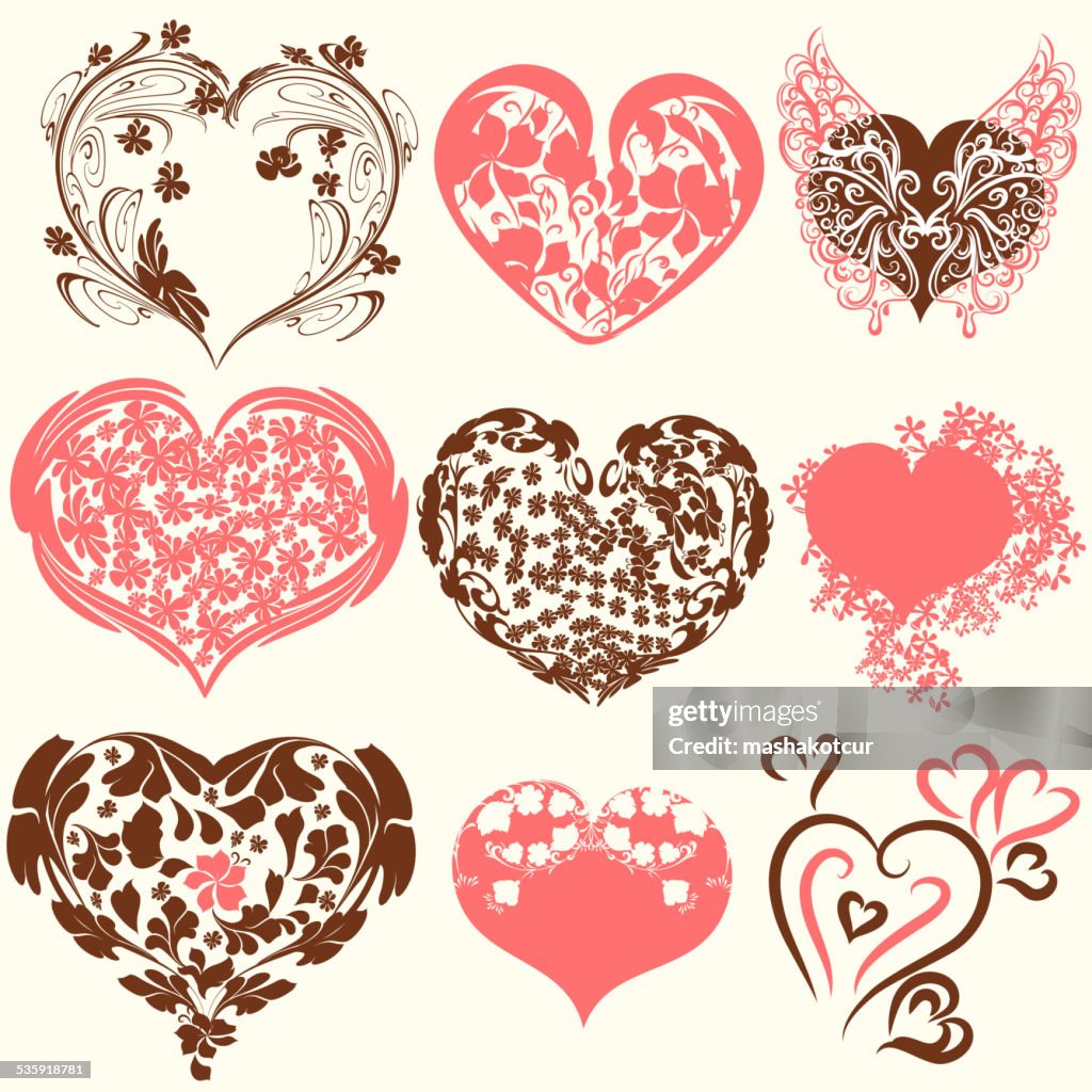Collection of abstract vector Valentine's Day hearts from swirls