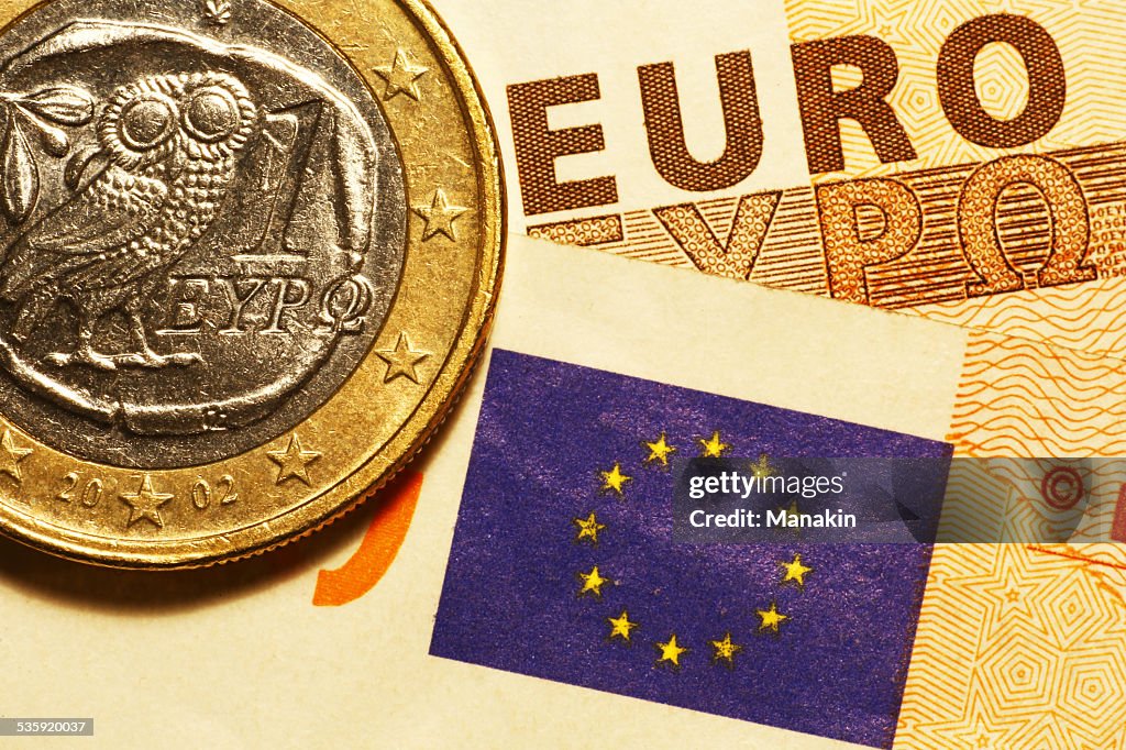 One euro greek coin & banknotes
