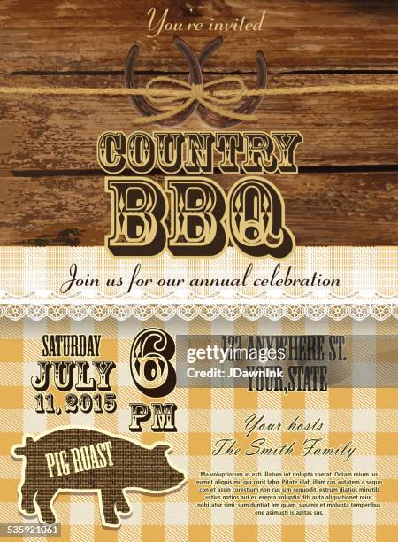 country und western grill mit schwein einladung design-vorlage - bbq invite stock-grafiken, -clipart, -cartoons und -symbole