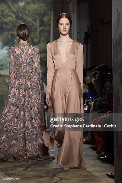 Model walks the runway during the Valentino show as part of Paris Fashion Week Haute Couture Spring/Summer 2014, in Paris.