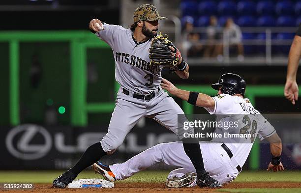 Sean Rodriguez of the Pittsburgh Pirates turns a double play as Cole Gillespie of the Miami Marlins slides into second during a game at Marlins Park...