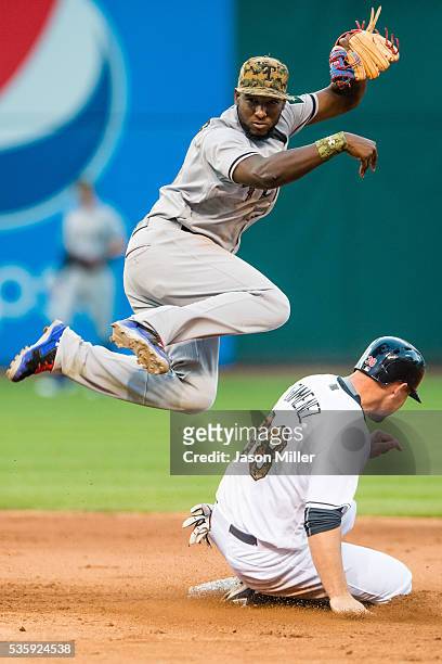 Second baseman Jurickson Profar of the Texas Rangers throws out Carlos Santana at first and Chris Gimenez of the Cleveland Indians is out at second...