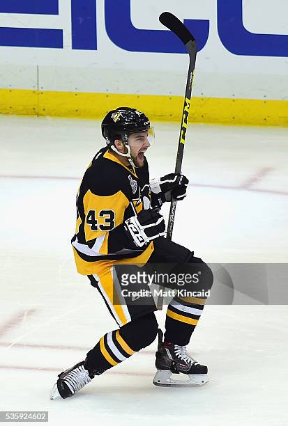 Conor Sheary of the Pittsburgh Penguins celebrates after scoring a first period goal against the San Jose Sharks in Game One of the 2016 NHL Stanley...