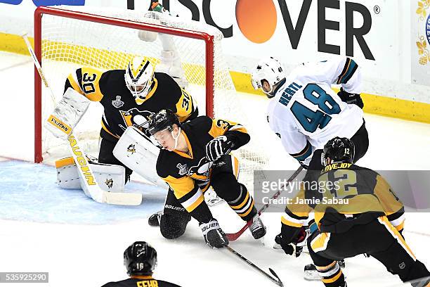 Tomas Hertl of the San Jose Sharks scores a second period goal against Matt Murray of the Pittsburgh Penguins in Game One of the 2016 NHL Stanley Cup...