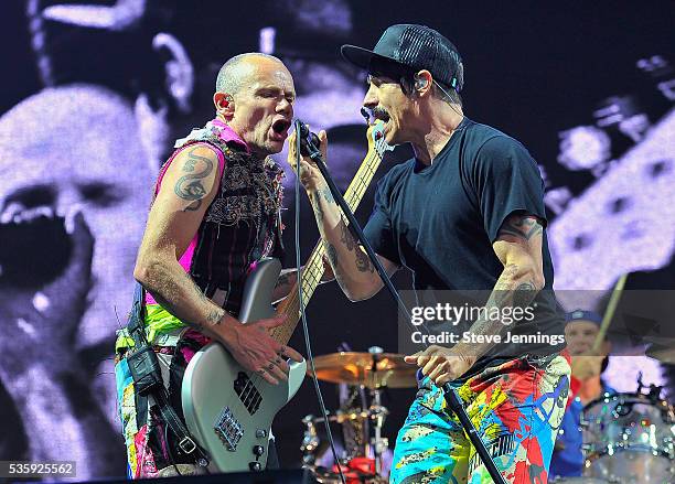 Flea and Anthony Kiedis of the Red Hot Chili Peppers perform on Day 3 of the 4th Annual BottleRock Napa Music Festival at Napa Valley Expo on May 29,...
