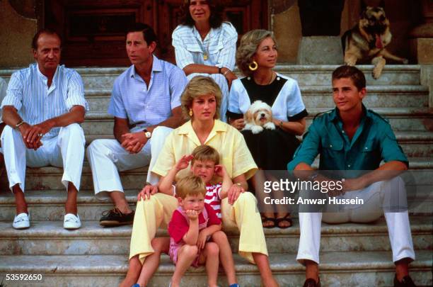 King Juan Carlos I of Spain, Prince Charles, Prince of Wales, Diana, Princess of Wales, wearing a yellow jumpsuit, Prince William, Prince Harry,...