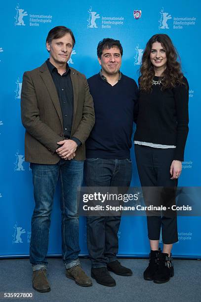 Actor Viggo Mortensen, director Hossein Amini and actress Daisy Bevan attend the 'The Two Faces of January' photocall during 64th Berlinale...