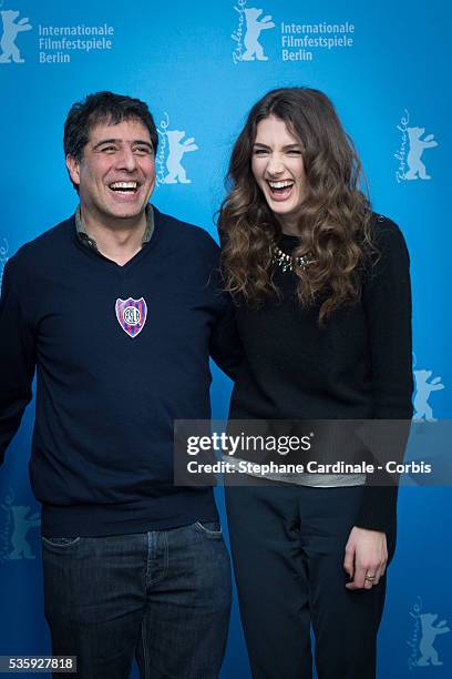 Director Hossein Amini and actress Daisy Bevan attend the 'The Two Faces of January' photocall during 64th Berlinale International Film Festival at...