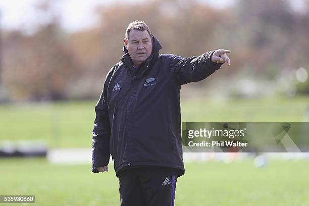 All Black coach Steve Hansen during a New Zealand All Blacks training session at Trusts Stadium on May 31, 2016 in Auckland, New Zealand.