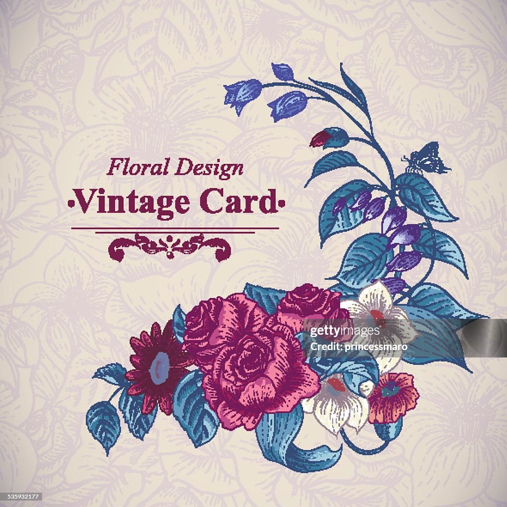 Vintage floral card with roses and wild flowers