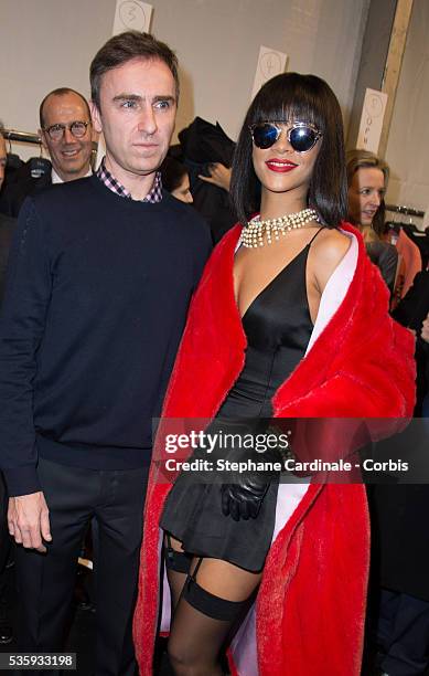 Fashion Designer Raf Simons and singer Rihanna pose backstage after the Christian Dior show as part of the Paris Fashion Week Womenswear Fall/Winter...