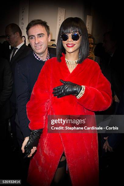 Fashion Designer Raf Simons and singer Rihanna pose backstage after the Christian Dior show as part of the Paris Fashion Week Womenswear Fall/Winter...