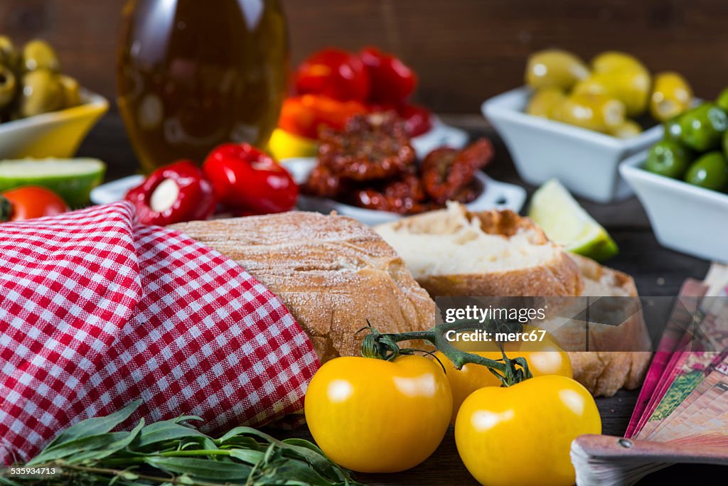 Traditional tapas buffet on wooden table