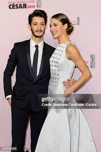 Pierre Niney and Natasha Andrews attend the 39th Cesar Film Awards 2014 at Theatre du Chatelet, in Paris.