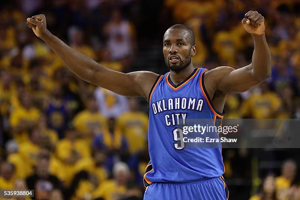 Serge Ibaka of the Oklahoma City Thunder reacts after a play in Game Seven of the Western Conference Finals against the Golden State Warriors during...