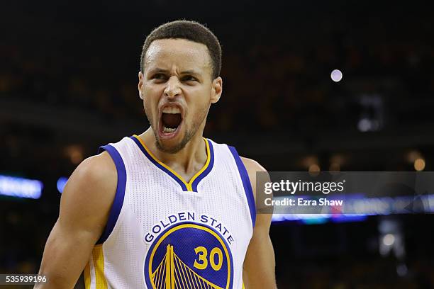 Stephen Curry of the Golden State Warriors reacts in the third quarter of Game Seven of the Western Conference Finals against the Oklahoma City...