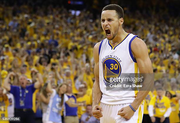 Stephen Curry of the Golden State Warriors reacts in the third quarter of Game Seven of the Western Conference Finals against the Oklahoma City...