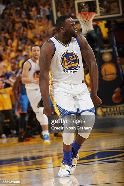 Draymond Green of the Golden State Warriors celebrates during the game against the Oklahoma City Thunder in Game Seven of the Western Conference...