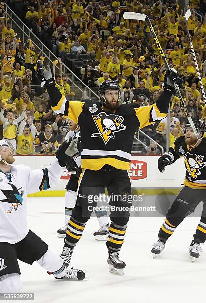 Nick Bonino of the Pittsburgh Penguins celebrates after scoring a third period goal against Martin Jones of the San Jose Sharks in Game One of the...