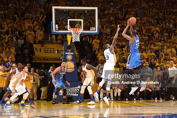 Kevin Durant of the Oklahoma City Thunder shoots against the Golden State Warriors during Game Seven of the Western Conference Finals during the 2016...