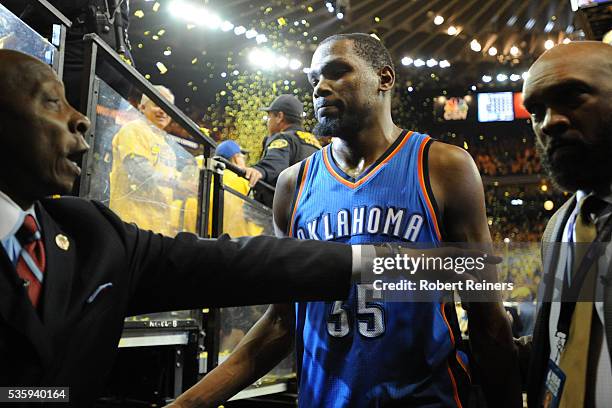 Kevin Durant of the Oklahoma City Thunder walks off the court after being defeated 96-88 by the Golden State Warriors in Game Seven of the Western...