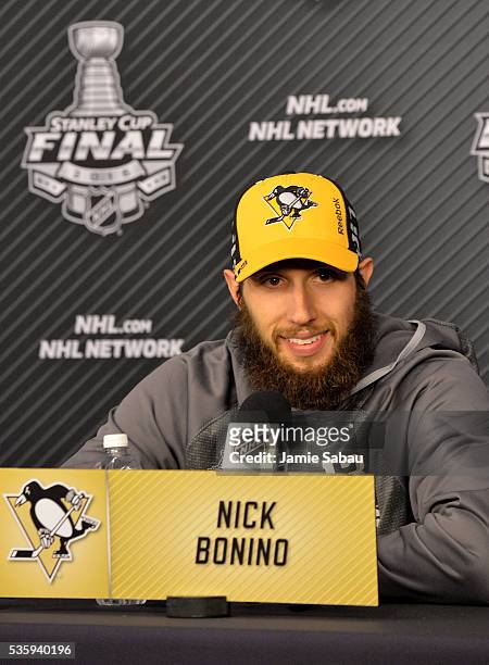 Nick Bonino of the Pittsburgh Penguins speaks with the media during a post-game press conference after scoring the game-winning goal to defeat the...