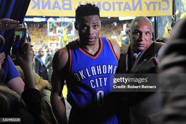 Russell Westbrook of the Oklahoma City Thunder walks off the court after being defeated 96-88 by the Golden State Warriors in Game Seven of the...