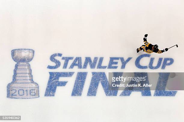 Ian Cole of the Pittsburgh Penguins celebrates during the first period against the San Jose Sharks in Game One of the 2016 NHL Stanley Cup Final at...