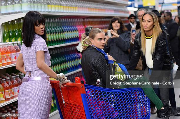 Singer Rihanna, model Cara Delevingne and model Joan Smalls attend the Chanel show as part of the Paris Fashion Week Womenswear Fall/Winter...