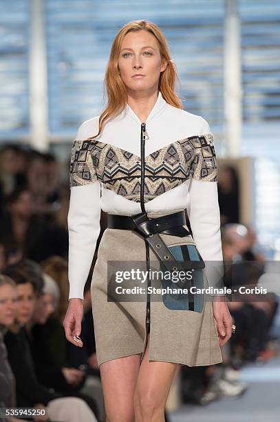 Model walks the runway during the Louis Vuitton show, as part of the Paris Fashion Week Womenswear Fall/Winter 2014-2015, in Paris.