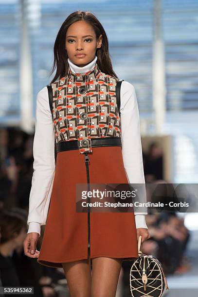 Model walks the runway during the Louis Vuitton show, as part of the Paris Fashion Week Womenswear Fall/Winter 2014-2015, in Paris.