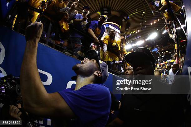 Stephen Curry of the Golden State Warriors reacts as he leaves the court after they beat the Oklahoma City Thunder in Game Seven of the Western...