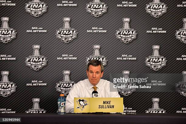 Head coach Mike Sullivan of the Pittsburgh Penguins speaks with the media during a post-game press conference after defeating the San Jose Sharks 3-2...