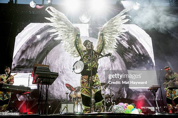 Sufjan Stevens spreads his wings while performing on stage during the Sasquatch! Music Festival at Gorge Amphitheatre on May 30, 2016 in George,...