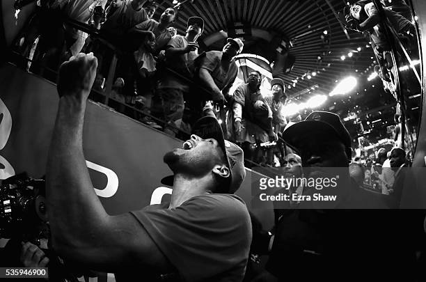 Stephen Curry of the Golden State Warriors reacts as he leaves the court after they beat the Oklahoma City Thunder in Game Seven of the Western...