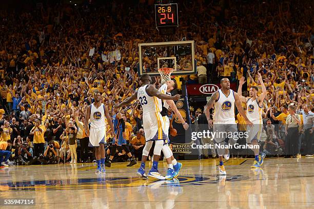 Stephen Curry of the Golden State Warriors celebrates with his teammates during Game Seven of the Western Conference Finals against the Oklahoma City...