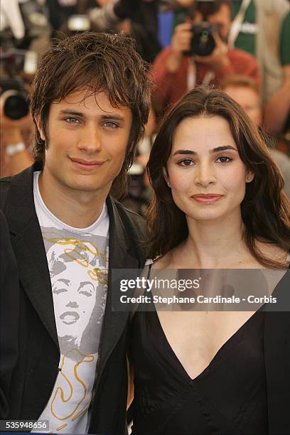 Actress Mia Maestro with actor Gael Garcia Bernal at the photocall "Diarios de Motocicleta" during the 57th Cannes Film Festival.