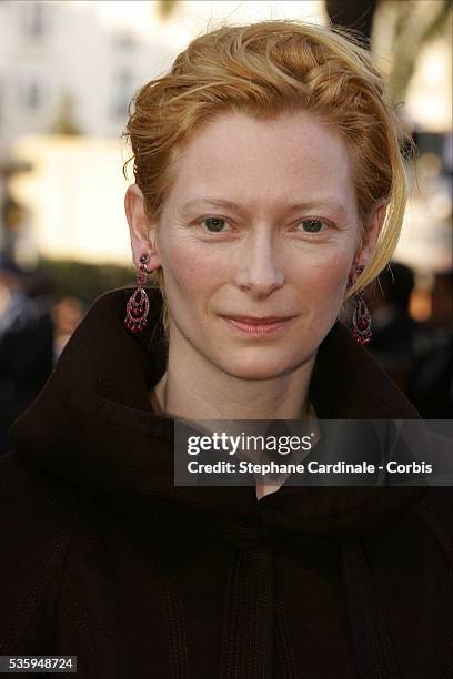 Actress Tilda Swinton arriving at the screening of "Diarios de Motocicleta" during the 57th Cannes Film Festival.