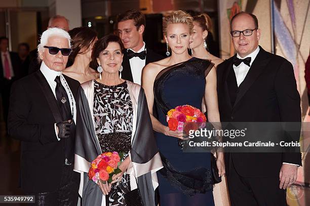 Karl Lagerfeld, Princess Caroline of Hanover, Princess Charlene of Monaco and Prince Albert II of Monaco attend the Rose Ball at Sporting Monte-Carlo...