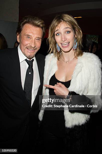 Johnny Hallyday and Pauline Lefevre attend the 'Salaud On T'Aime' : After Party at Cinema L'Elysee Biarritz presented by Benjamin Patou, chairman of...