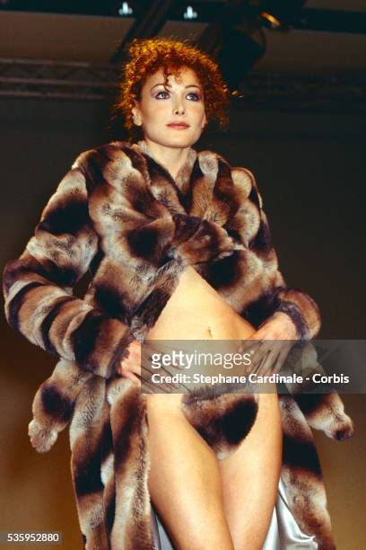 Carla Bruni walks the runway during the Vivienne Westwood Ready to Wear AW 1994-95 show as part of Paris Fashion Week on March 06, 1994 in Paris,...