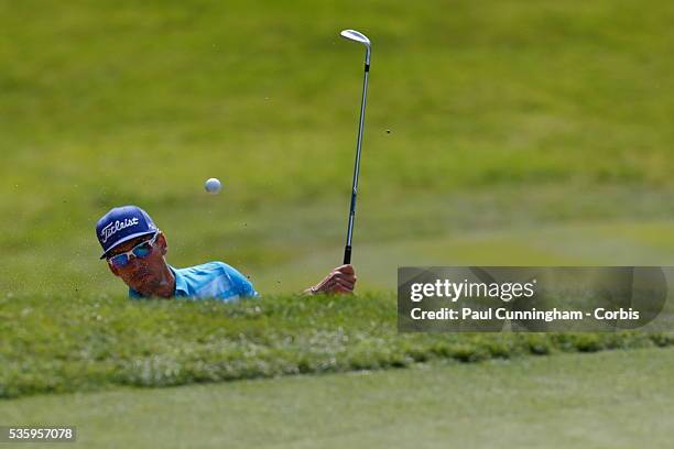 Rafa Cabrera Bello recovery shot from the deep front bunker at the 14th green during day three of the BMW PGA Championship at Wentworth on May 28,...