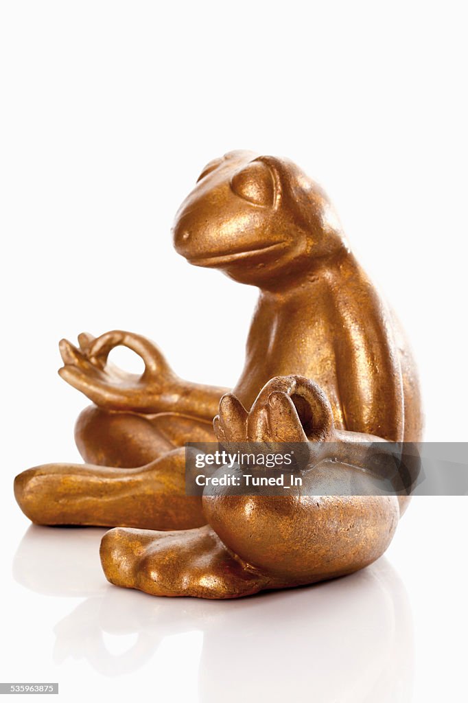 Statue von golden frog vor weißem Hintergrund.