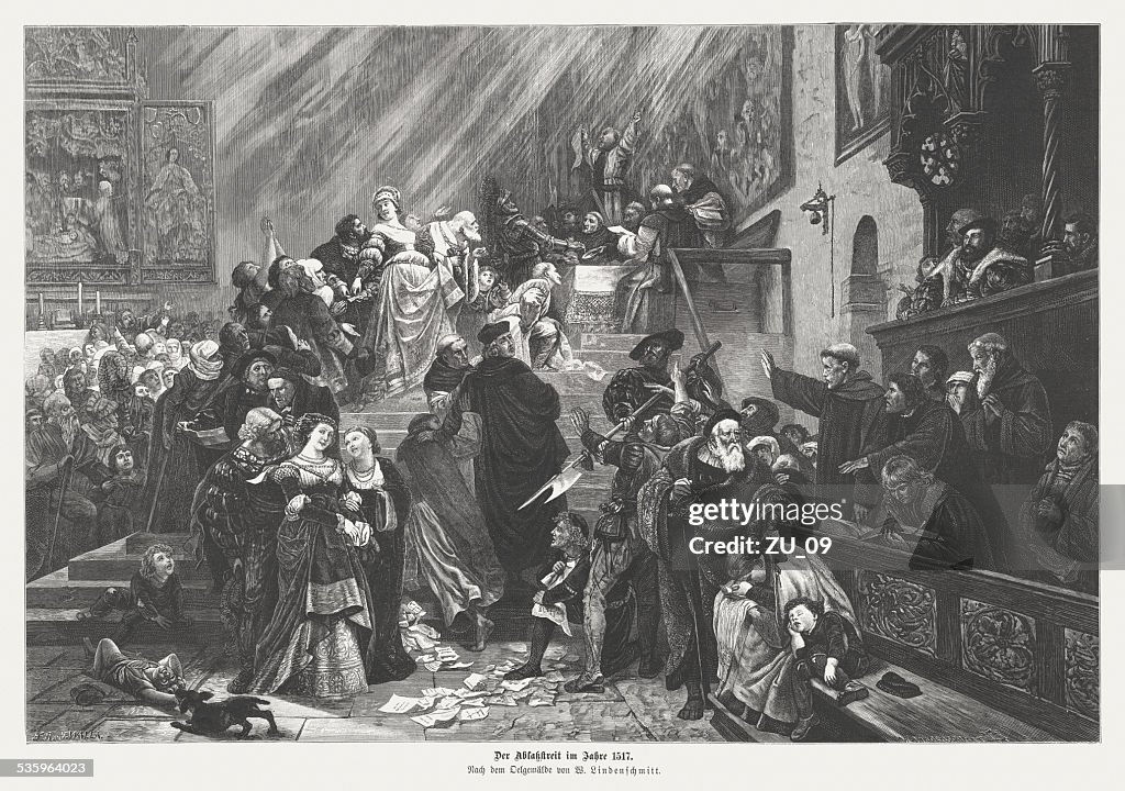Indulgence controversy in 1517, wood engraving, published in 1883