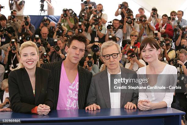 Scarlett Johansson, Jonathan Rhys-Meyers, director Woody Allen and Emily Mortimer at the photocall of "Match Point" during the 58th Cannes Film...